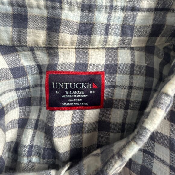 Untuckit Mens Wrinkle-Resistant Gingham Short Sleeve Linen Shirt XL Blue NWOT - Picture 3 of 8